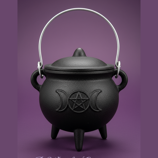 Exact black cast iron cauldron with triple moon with clean professional styling and BeWitchy Emporium watermark