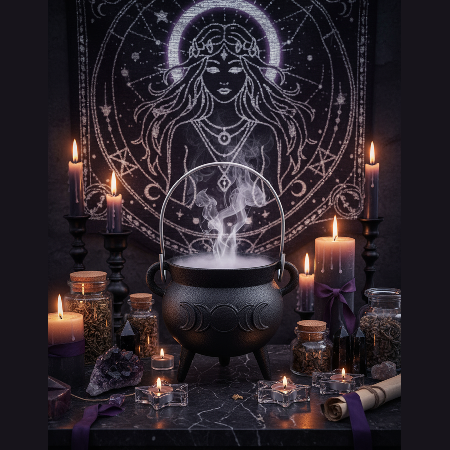 Exact black cast iron cauldron with triple moon with premium witchcraft sanctuary ambiance and BeWitchy Emporium watermark