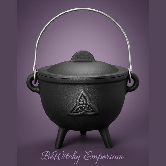 Exact black cast iron cauldron with triquetra with clean professional styling and BeWitchy Emporium watermark