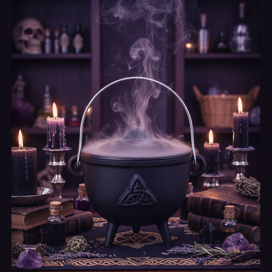 Exact black cast iron cauldron with triquetra with premium witchcraft sanctuary ambiance and BeWitchy Emporium watermark