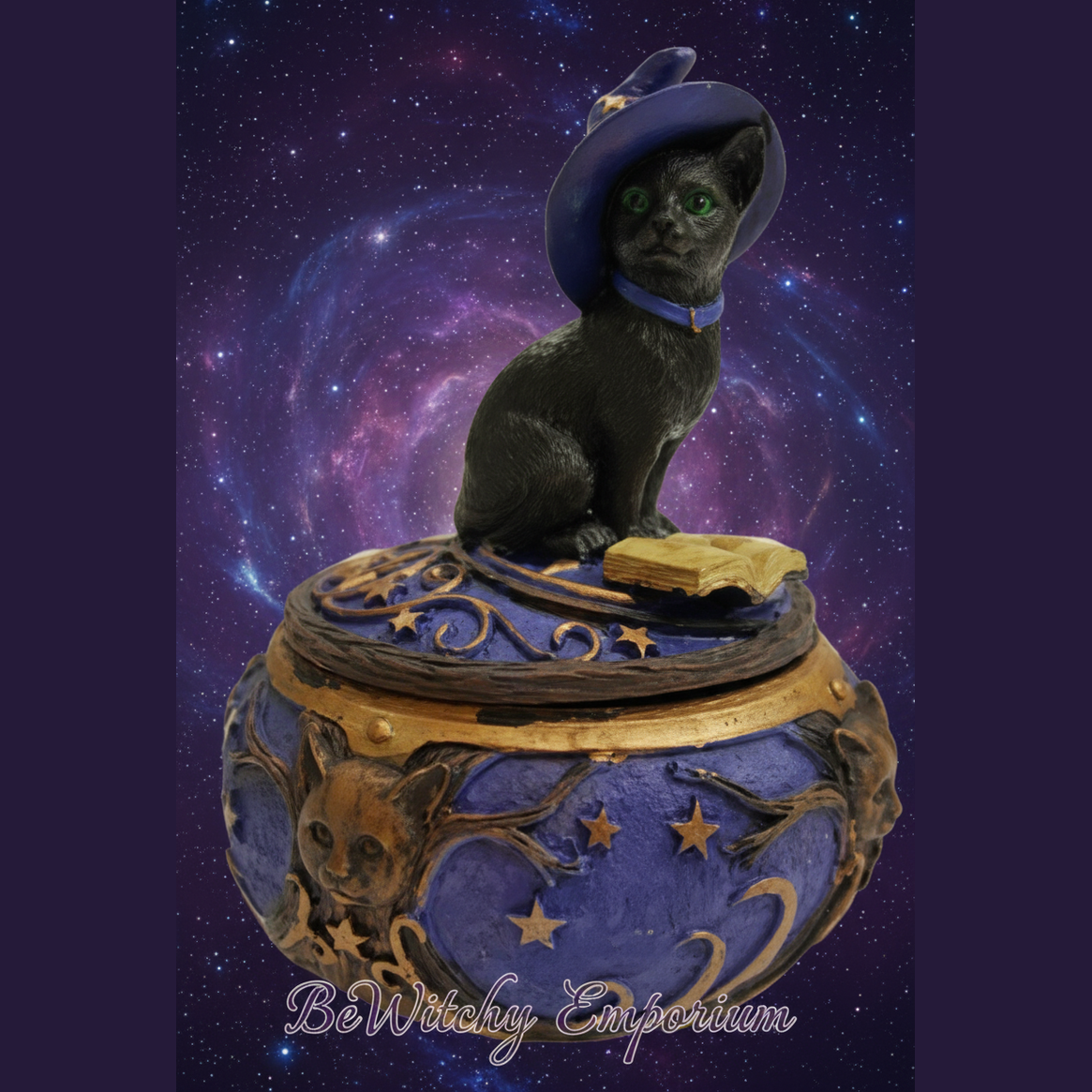 Exact black cat trinket box with cosmic mystical styling and BeWitchy Emporium watermark