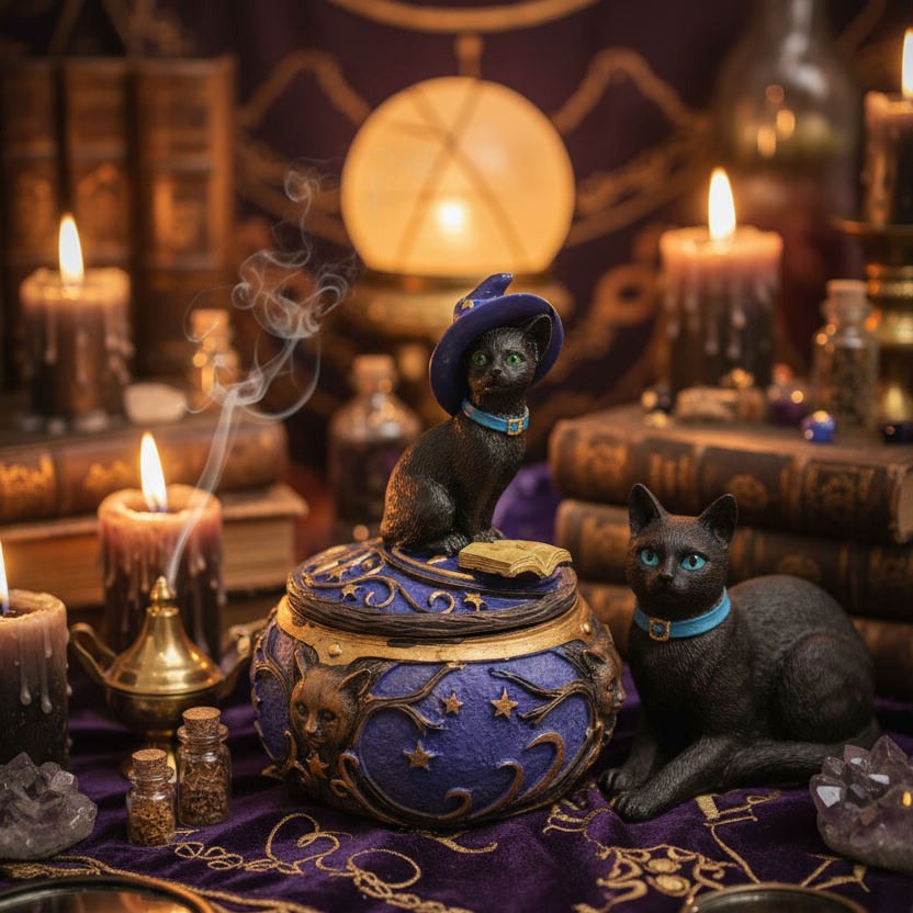 Exact black cat trinket box with premium witchcraft altar sanctuary ambiance and BeWitchy Emporium watermark