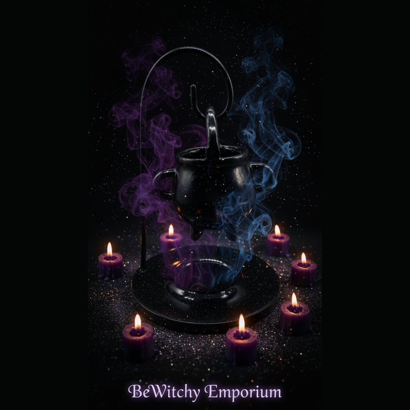 Exact black cauldron with stand and mystical atmosphere