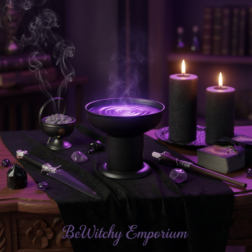 Exact black ceramic chalice with premium ritual altar sanctuary ambiance and BeWitchy Emporium watermark