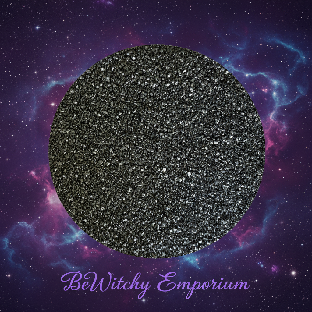 Exact black glitter powder with cosmic mystical styling and BeWitchy Emporium watermark
