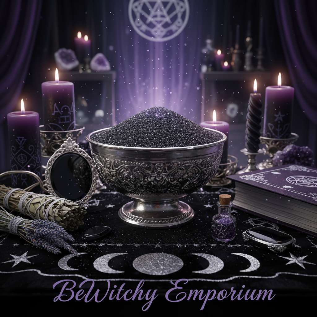 Exact black glitter powder with premium witchcraft crafting sanctuary ambiance and BeWitchy Emporium watermark
