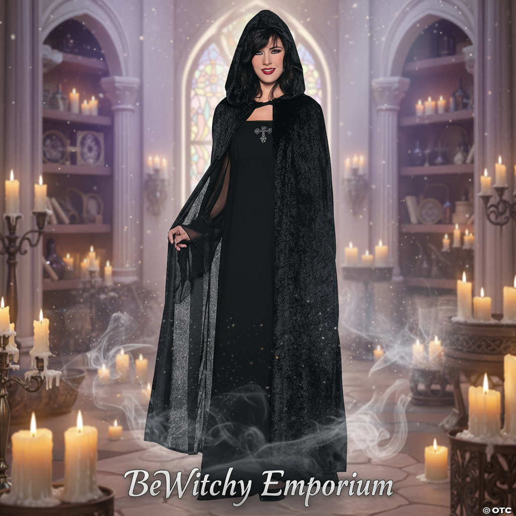 Exact black hooded cloak with lighter mystical atmosphere