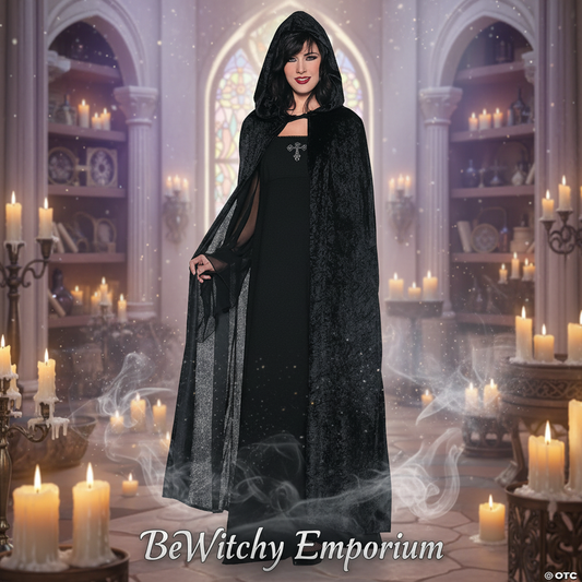 Exact black hooded cloak with lighter mystical atmosphere