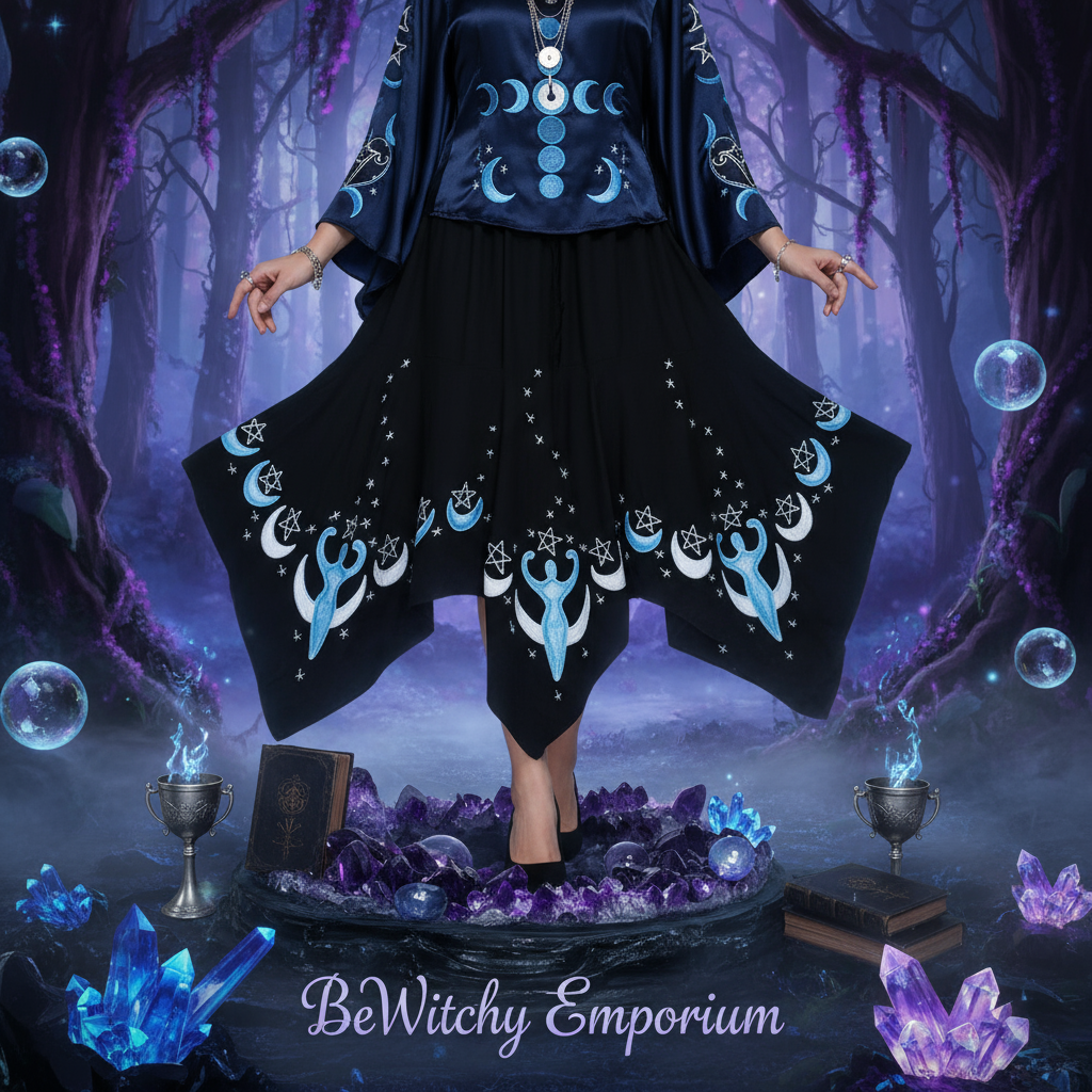Exact black moon goddess skirt with premium fashion ambiance and BeWitchy Emporium watermark