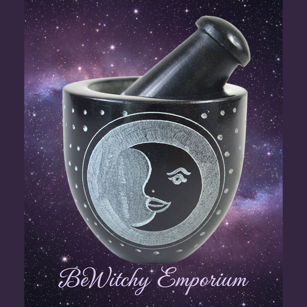 Exact black moon mortar and pestle with cosmic mystical styling and BeWitchy Emporium watermark