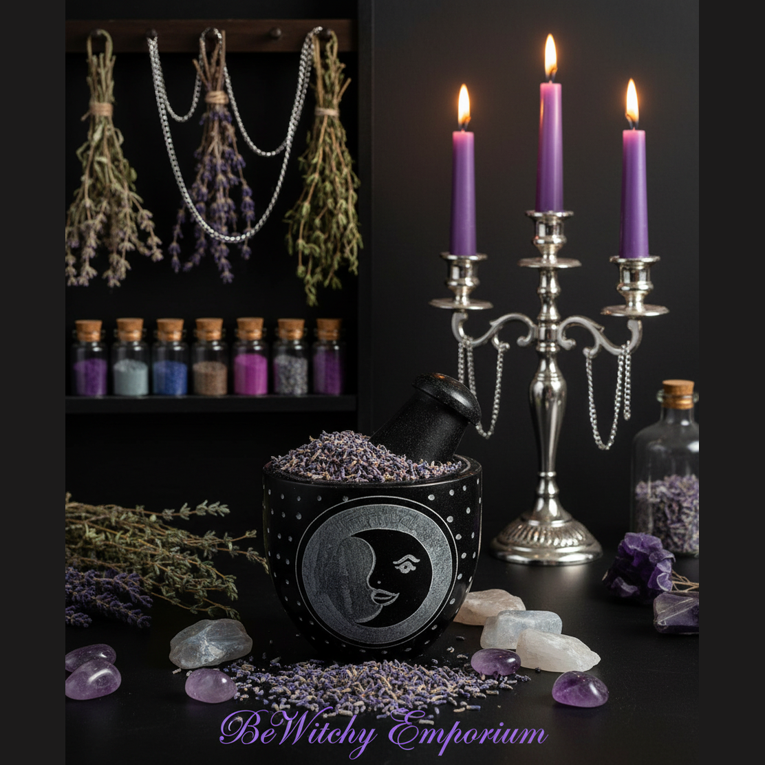 Exact black moon mortar and pestle with premium apothecary sanctuary ambiance and BeWitchy Emporium watermark