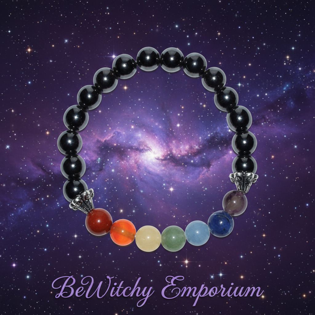 Exact black onyx chakra bracelet with cosmic mystical styling and BeWitchy Emporium watermark