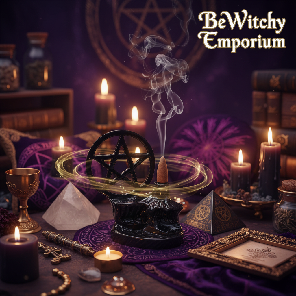 Exact black pentagram cone incense burner with premium Wiccan ambiance and BeWitchy Emporium watermark
