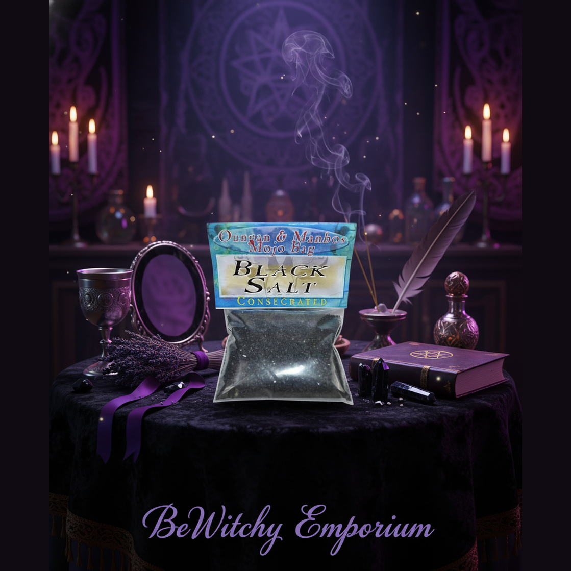 Exact Black Salt Mojo Bag with premium witchcraft sanctuary ambiance and BeWitchy Emporium watermark