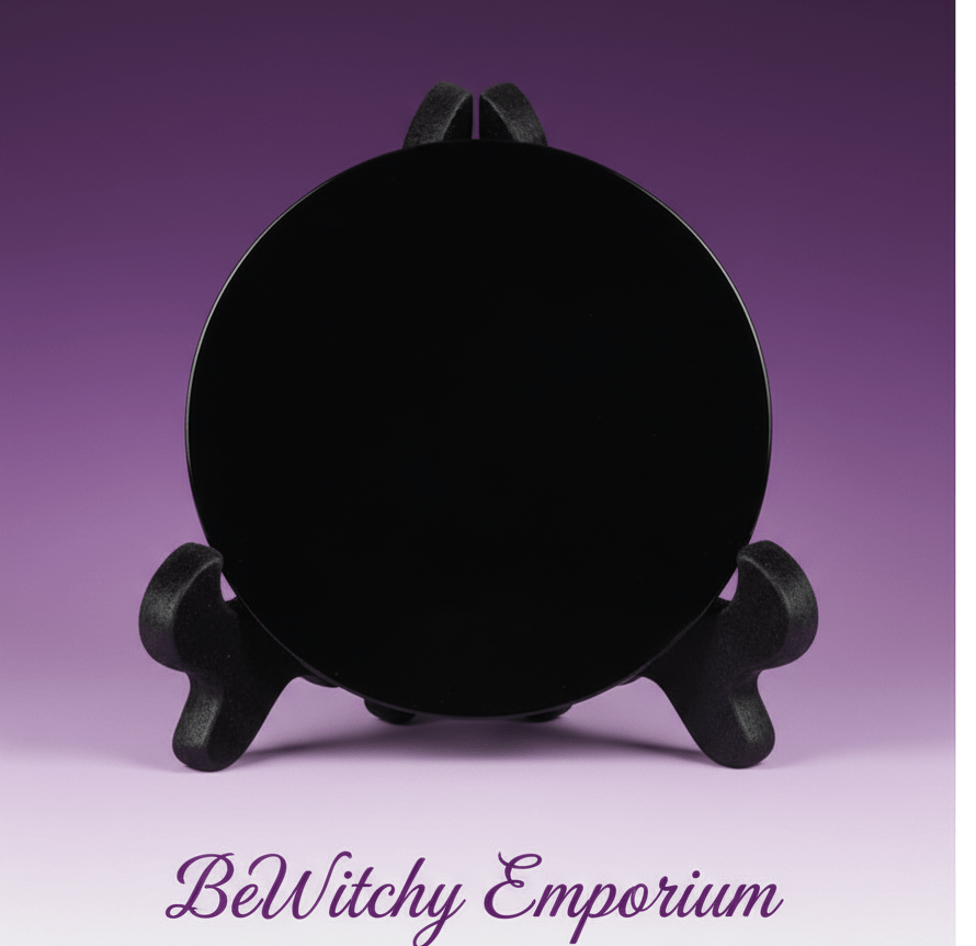 Exact black scrying mirror with stand with clean professional styling and BeWitchy Emporium watermark