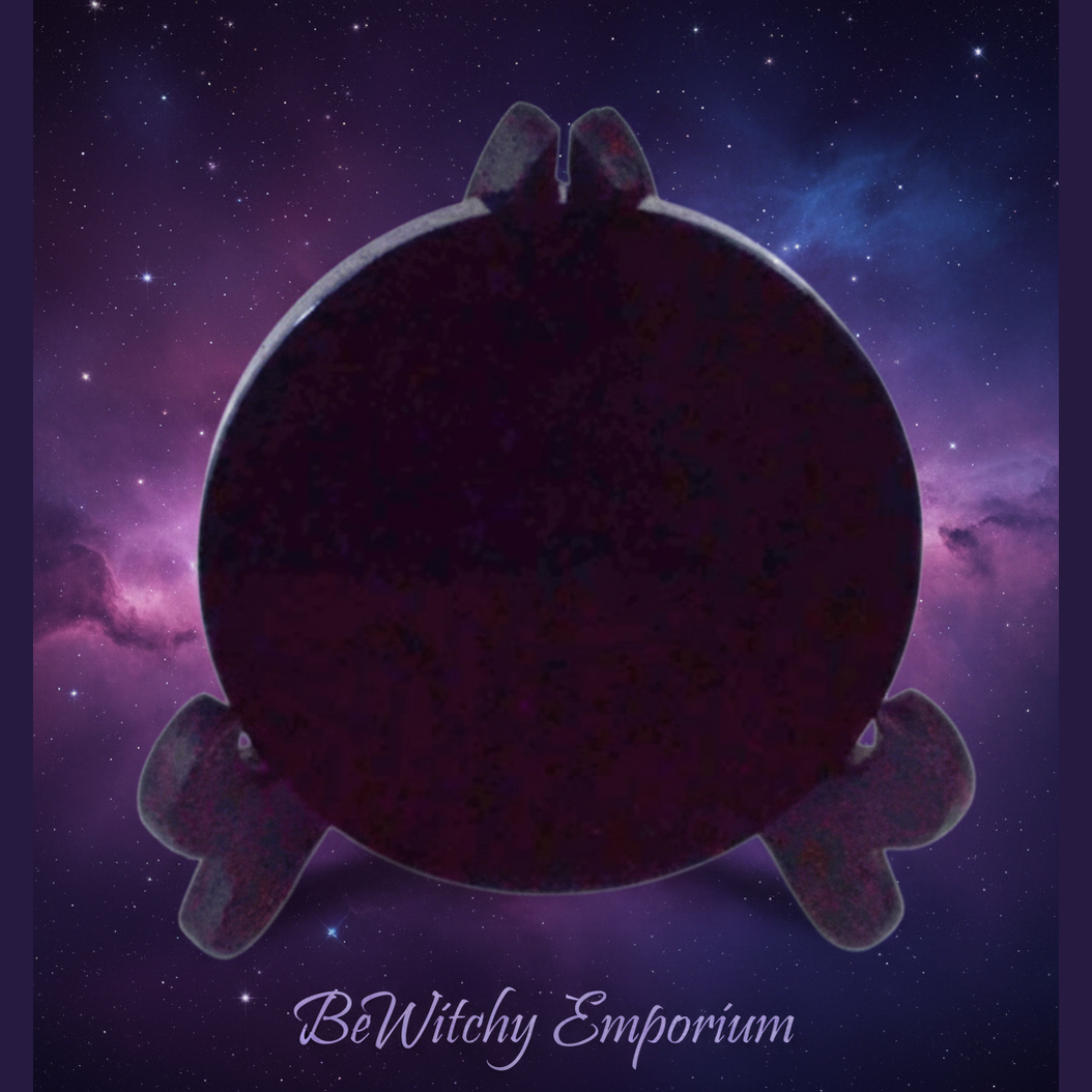 Exact black scrying mirror with stand with cosmic mystical styling and BeWitchy Emporium watermark
