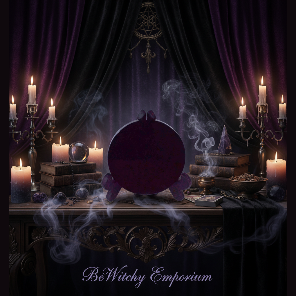 Exact black scrying mirror with stand with premium divination sanctuary ambiance and BeWitchy Emporium watermark