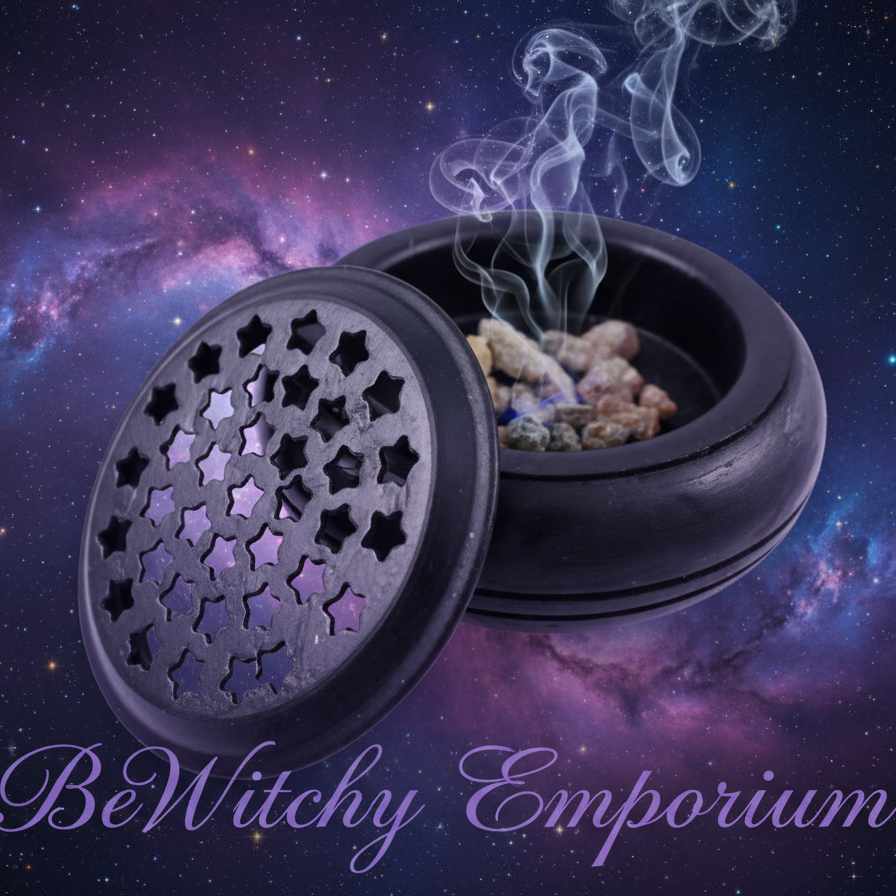 Exact black soapstone resin burner with cosmic mystical styling and BeWitchy Emporium watermark
