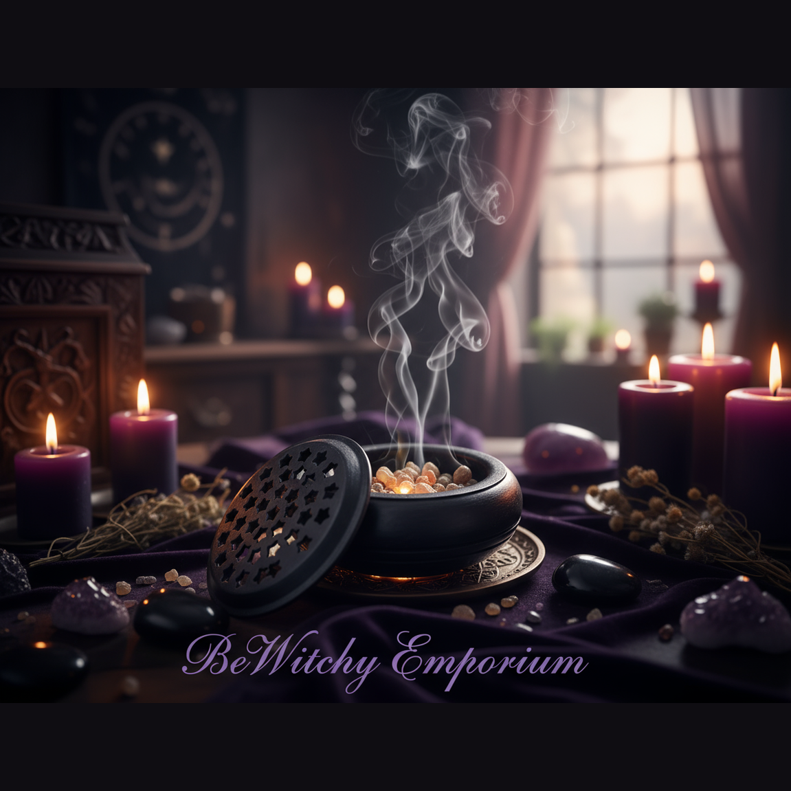 Exact black soapstone resin burner with premium ritual sanctuary ambiance and BeWitchy Emporium watermark