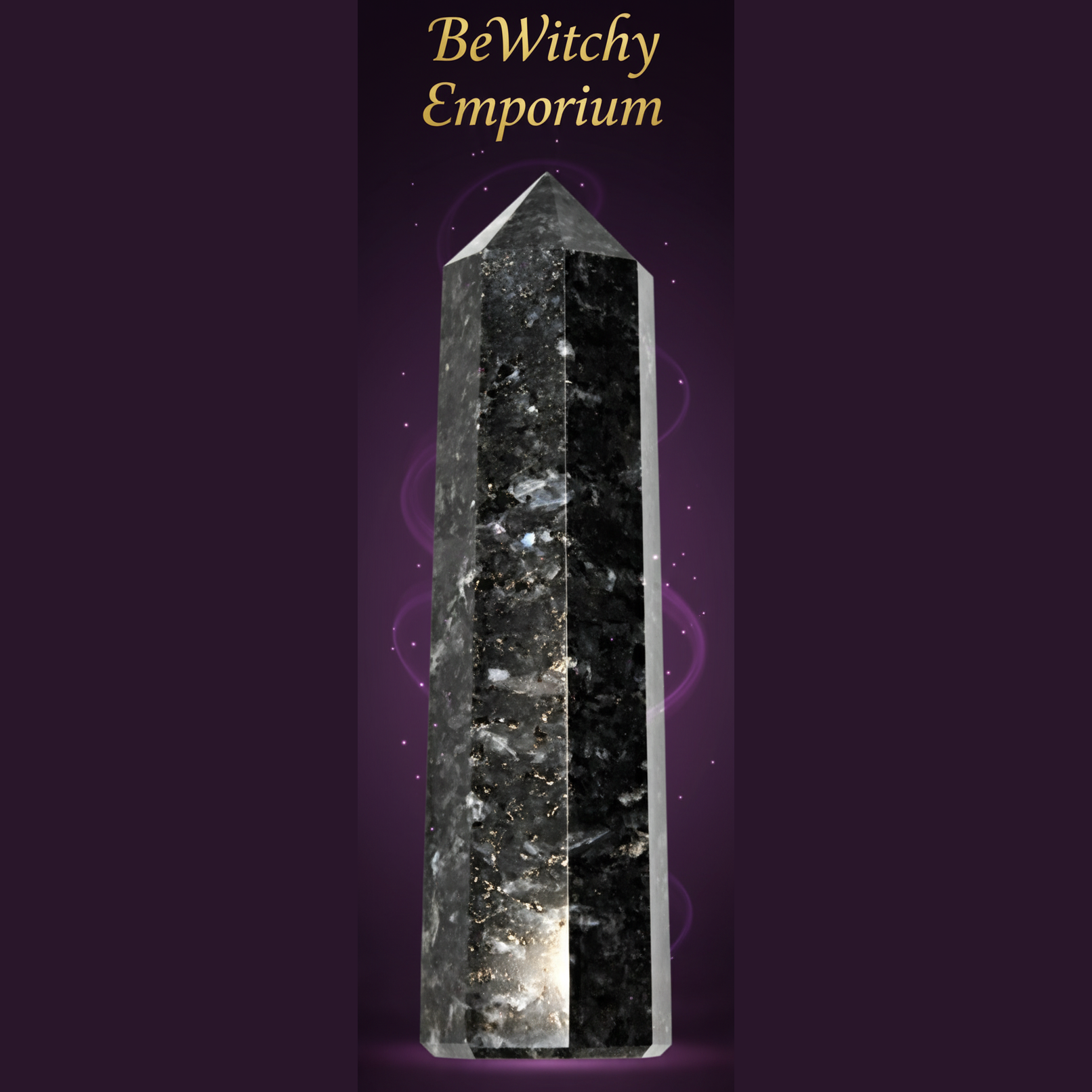 Exact black tourmaline crystal tower with clean professional styling and BeWitchy Emporium watermark