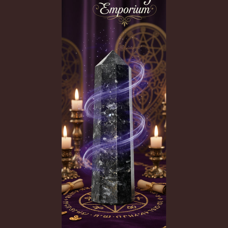 Exact black tourmaline crystal tower with premium protection ambiance and BeWitchy Emporium watermark