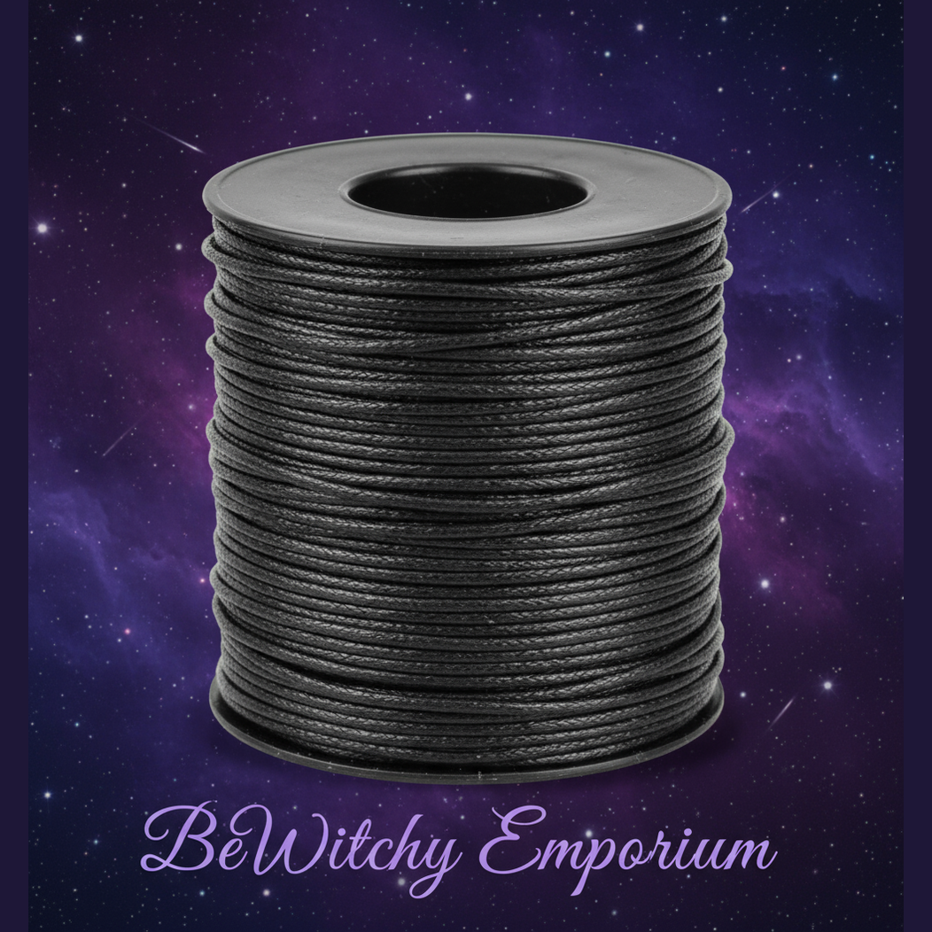 Exact black waxed cotton cord spool with cosmic mystical styling and BeWitchy Emporium watermark