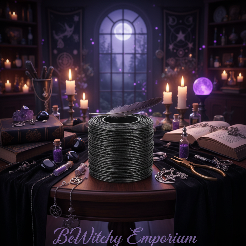Exact black waxed cotton cord spool with premium crafting sanctuary ambiance and BeWitchy Emporium watermark