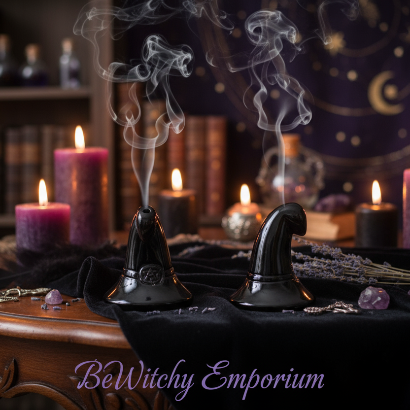 Exact black witch hat incense holders with premium witchy sanctuary ambiance and BeWitchy Emporium watermark