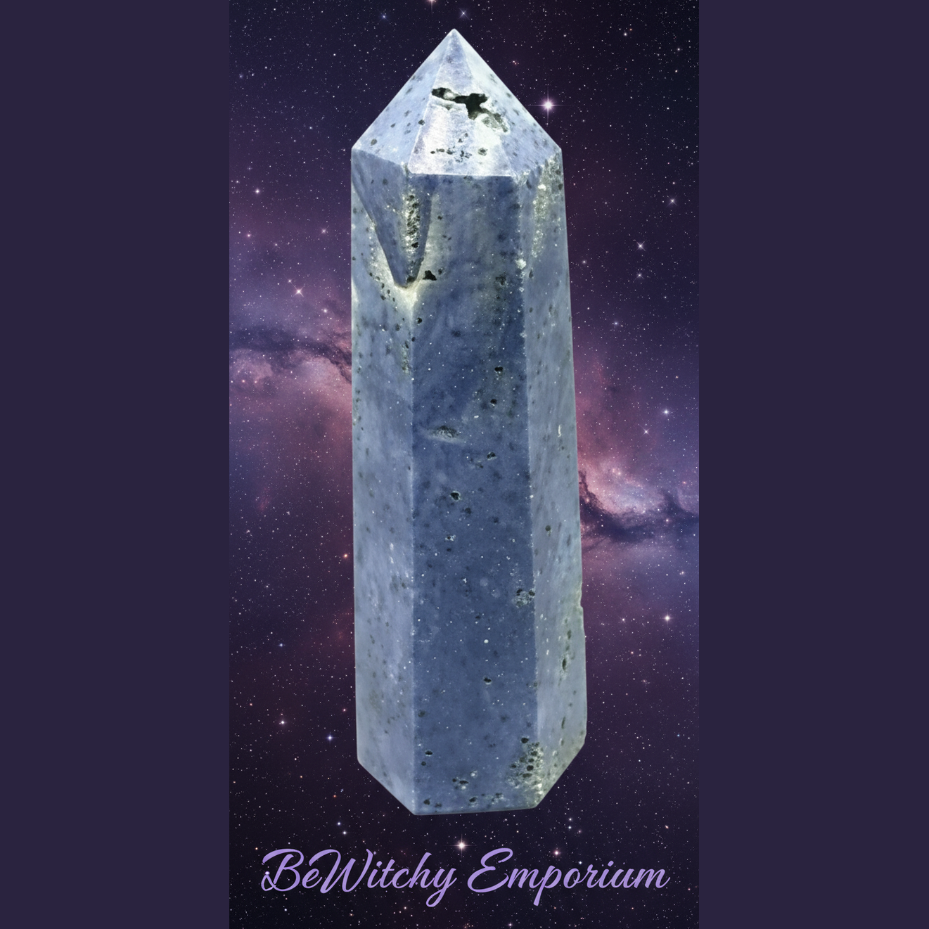 Exact blue aventurine tower with cosmic mystical styling and BeWitchy Emporium watermark