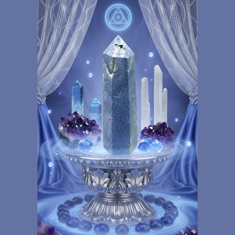 Exact blue aventurine tower with premium healing sanctuary ambiance and BeWitchy Emporium watermark
