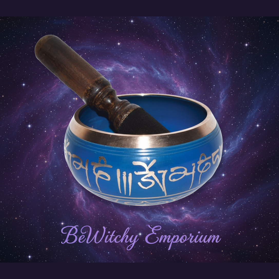 Exact blue Tibetan singing bowl with cosmic mystical styling and BeWitchy Emporium watermark