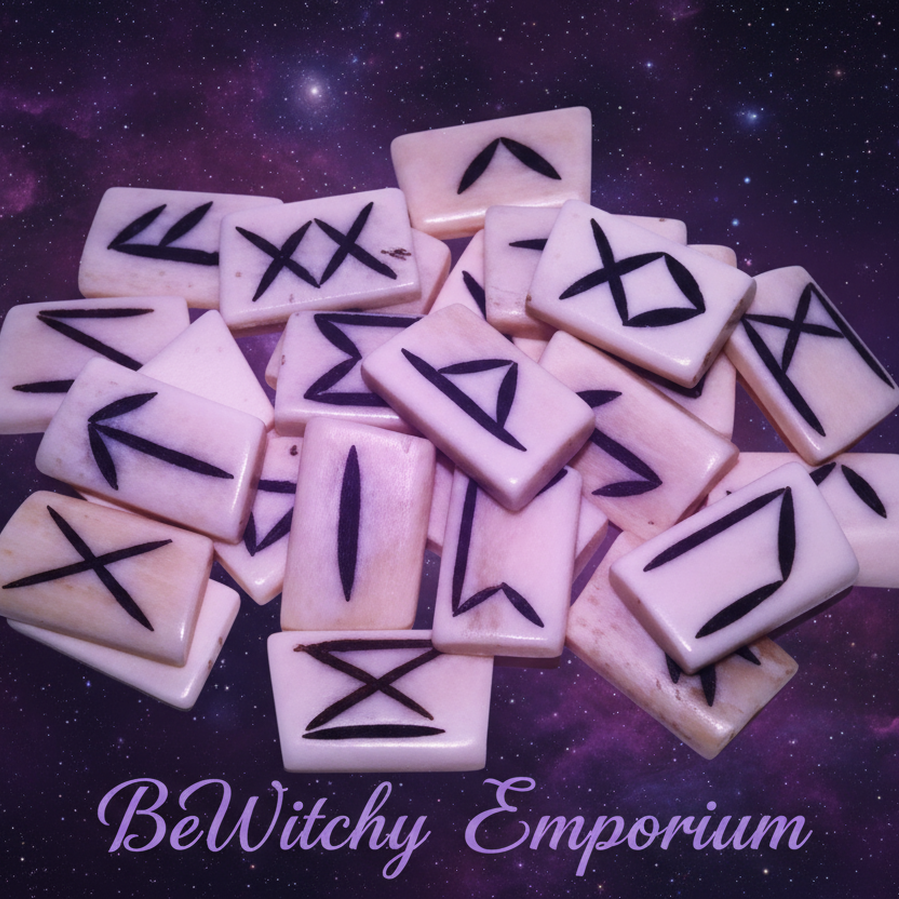 Exact bone rune stone set with cosmic mystical styling and BeWitchy Emporium watermark
