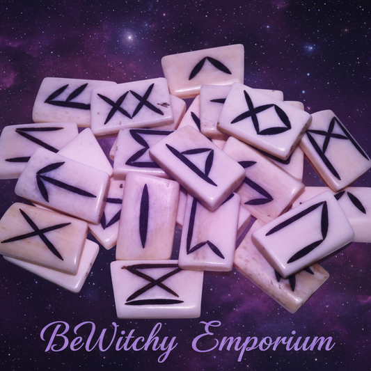 Exact bone rune stone set with cosmic mystical styling and BeWitchy Emporium watermark