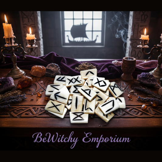Exact bone rune stone set with premium Norse sanctuary ambiance and BeWitchy Emporium watermark