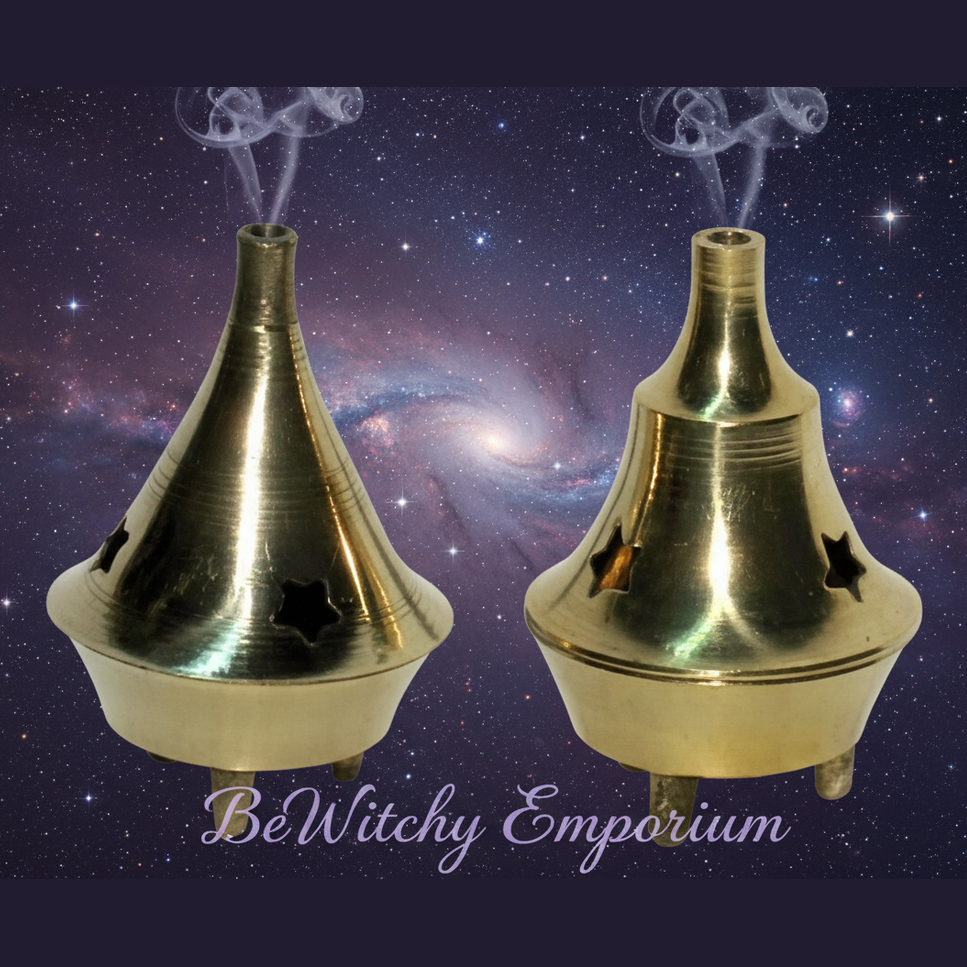 Exact brass cone incense burners with cosmic mystical styling and BeWitchy Emporium watermark