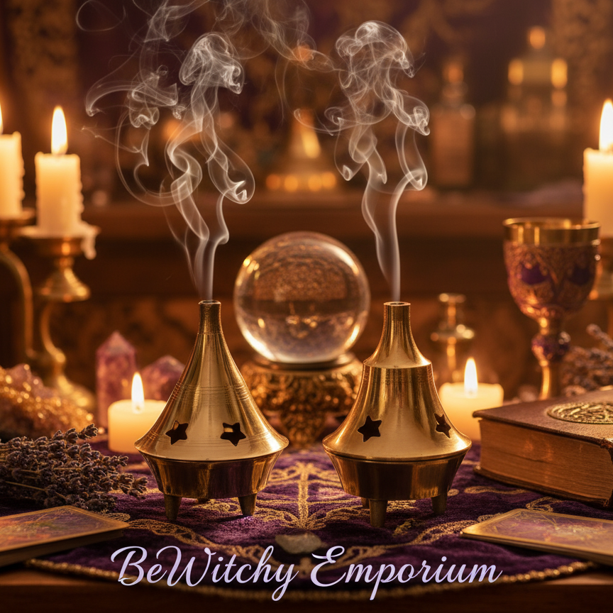 Exact brass cone incense burners with premium altar sanctuary ambiance and BeWitchy Emporium watermark
