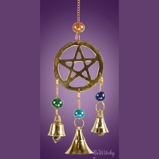Exact brass pentagram wind chime with clean professional styling and BeWitchy Emporium watermark