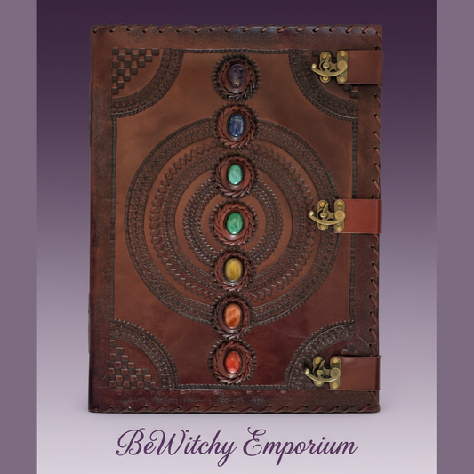 Exact brown leather chakra journal with clean professional styling and BeWitchy Emporium watermark