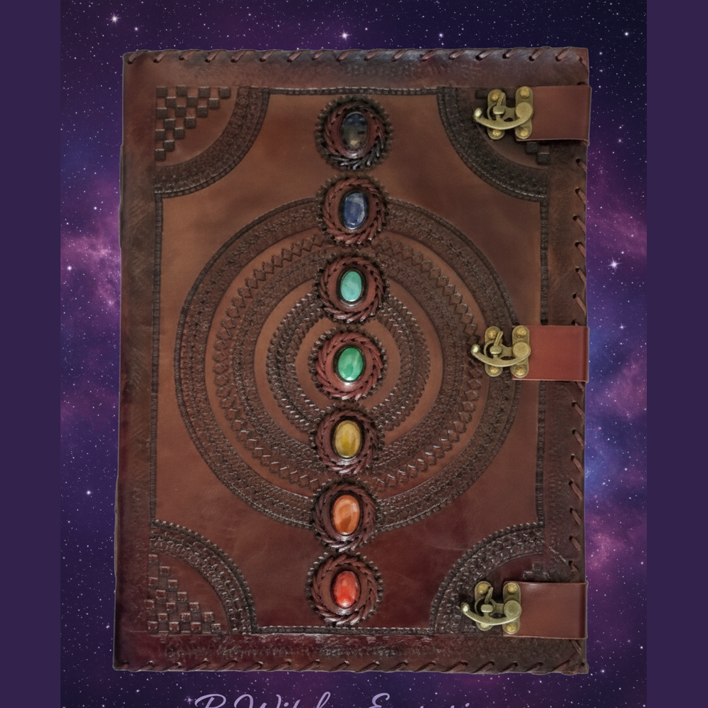Exact brown leather chakra journal with cosmic mystical styling and BeWitchy Emporium watermark