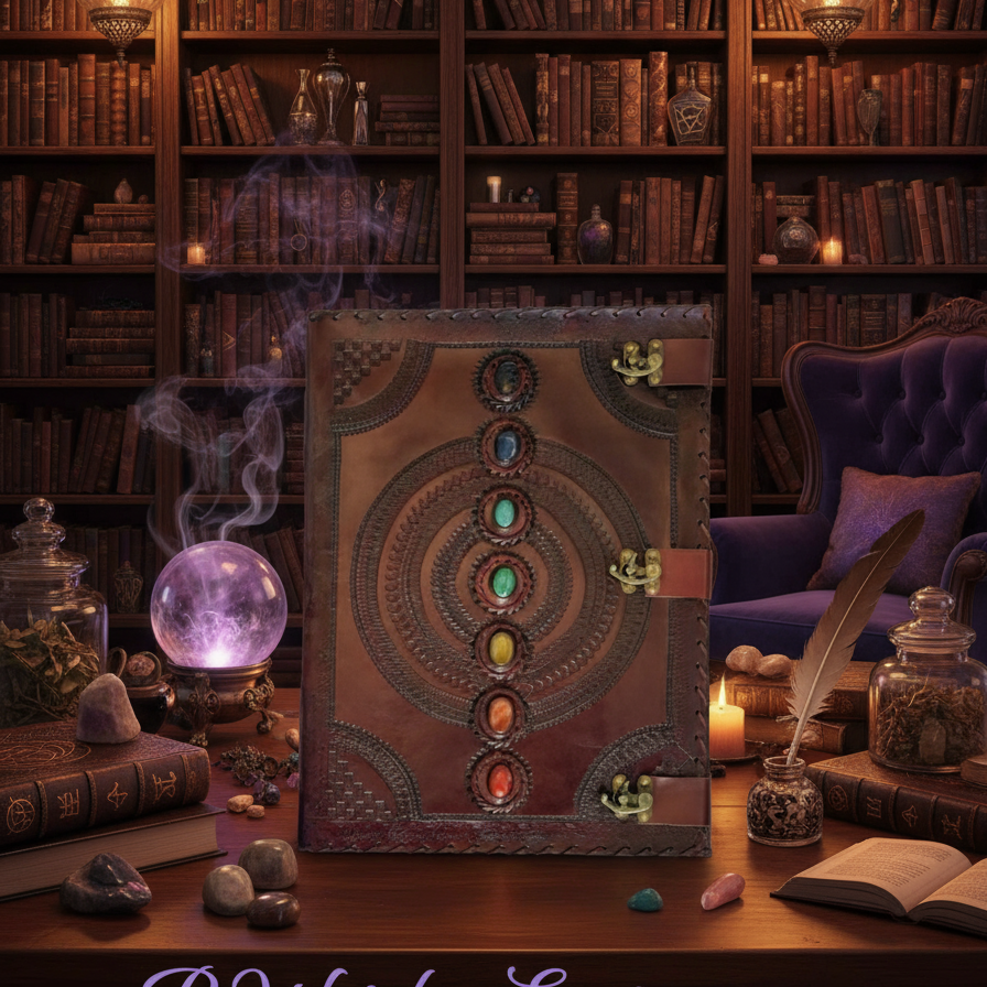 Exact brown leather chakra journal with premium witchcraft library sanctuary ambiance and BeWitchy Emporium watermark