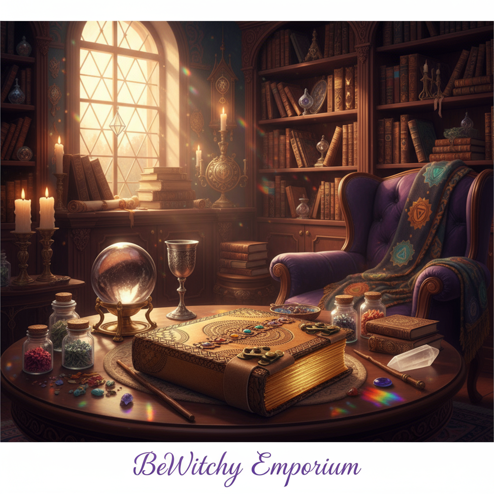 Exact brown leather chakra journal with spiral design with premium witchcraft library sanctuary ambiance and BeWitchy Emporium watermark