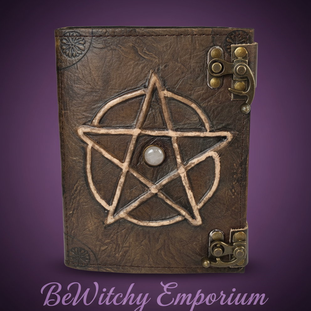 Exact brown leather pentagram journal with clean professional styling and BeWitchy Emporium watermark
