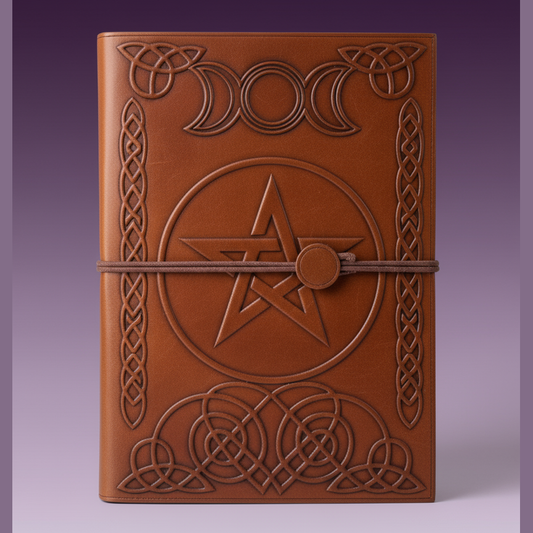 Exact brown leather pentagram journal with clean professional styling and BeWitchy Emporium watermark
