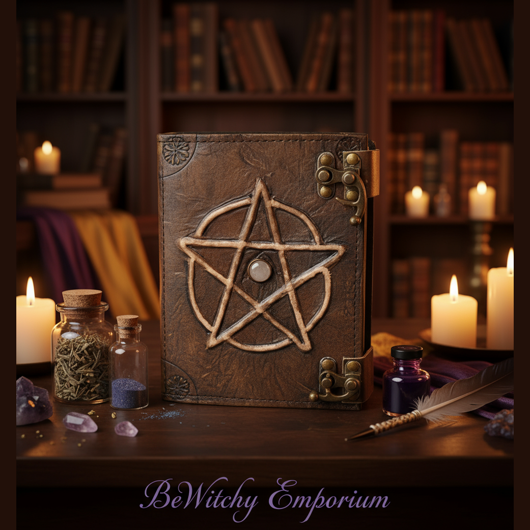 Exact brown leather pentagram journal with premium grimoire sanctuary ambiance and BeWitchy Emporium watermark