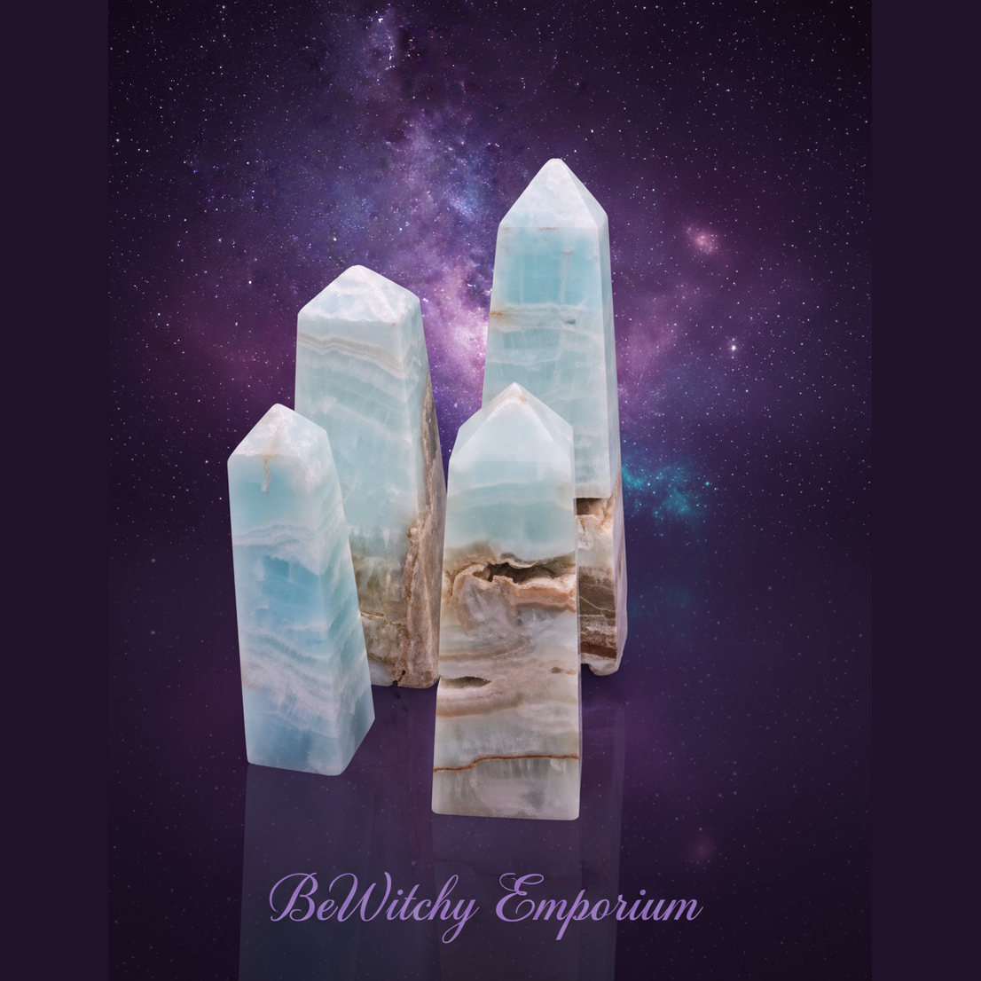 Exact Caribbean calcite tower set with cosmic mystical styling and BeWitchy Emporium watermark