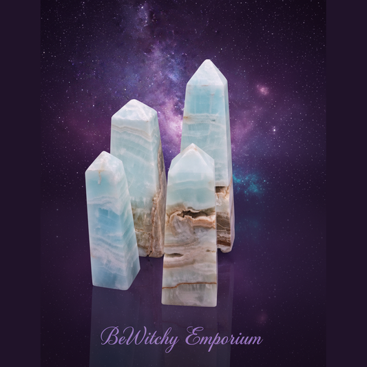 Exact Caribbean calcite tower set with cosmic mystical styling and BeWitchy Emporium watermark