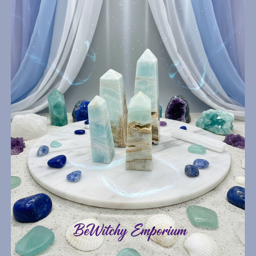Exact Caribbean calcite tower set with premium healing sanctuary ambiance and BeWitchy Emporium watermark