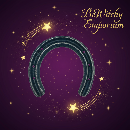 Exact cast iron horseshoe with cosmic mystical styling and BeWitchy Emporium watermark