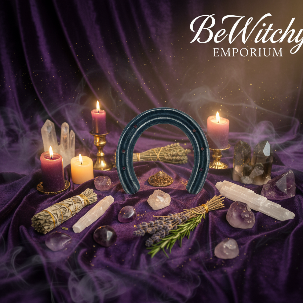Exact cast iron horseshoe with premium protection ambiance and BeWitchy Emporium watermark