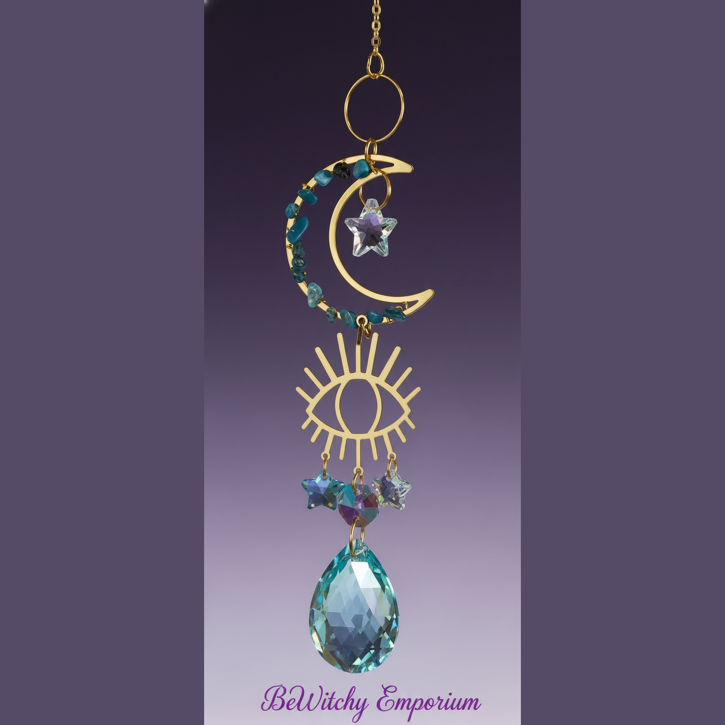 Exact celestial moon and eye suncatcher with clean professional styling and BeWitchy Emporium watermark
